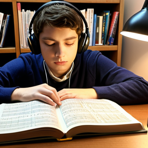 Home 22 **Image Prompt:** A student at a quiet desk, illuminated by a soft lamp, intensely focused on a music theory textbook and handwritten notes. Headphones are on, blocking out distractions. In the background, a blurred bookshelf suggests a dedicated study space. *Keywords: focused study, music theory, calm environment, headphones, desk lamp, learning*