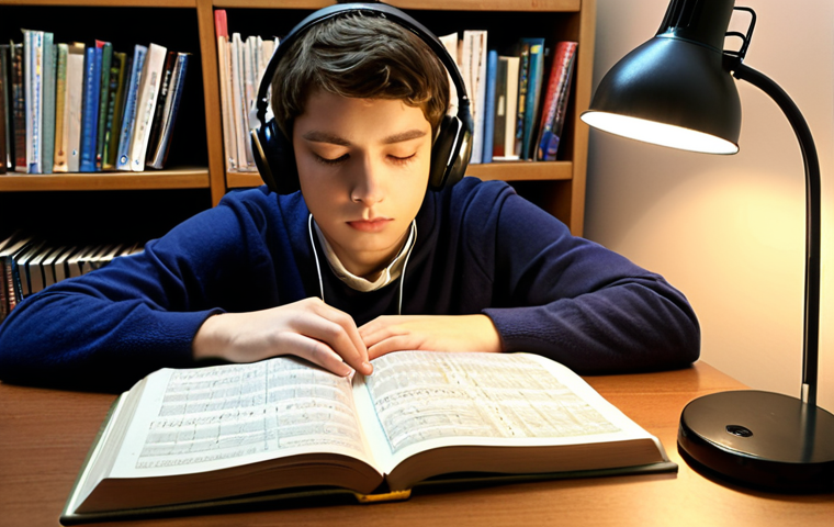 **Image Prompt:** A student at a quiet desk, illuminated by a soft lamp, intensely focused on a music theory textbook and handwritten notes. Headphones are on, blocking out distractions. In the background, a blurred bookshelf suggests a dedicated study space. *Keywords: focused study, music theory, calm environment, headphones, desk lamp, learning*