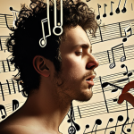 A dynamic scene depicting a musician's transformation. On one side, the musician appears perplexed or frustrated, surrounded by chaotic, jumbled musical notes and abstract symbols. On the other side, the same musician is shown with a serene and deeply understanding expression, as the previously tangled notes coalesce into clear, illuminated patterns, symbolizing profound insight and the sudden clarity gained through music theory. The lighting transitions from dim/confused to bright/enlightened.