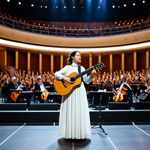Home 20 **
"A professional female musician, fully clothed in a stylish but modest concert dress, playing a classical guitar on a brightly lit stage. Background: A modern concert hall with an appreciative audience visible in soft focus. Perfect anatomy, correct proportions, natural pose, professional photography, high quality, appropriate content, safe for work, family-friendly."
**