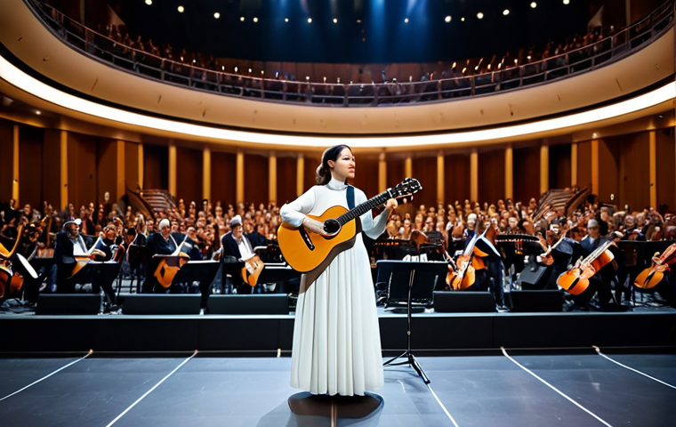 **

"A professional female musician, fully clothed in a stylish but modest concert dress, playing a classical guitar on a brightly lit stage.  Background: A modern concert hall with an appreciative audience visible in soft focus.  Perfect anatomy, correct proportions, natural pose, professional photography, high quality, appropriate content, safe for work, family-friendly."

**