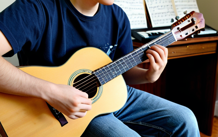 음악이론 실기 시험에서 흔한 실수 - Struggling with Chords**
"A student musician practicing guitar, looking frustrated while trying to ...