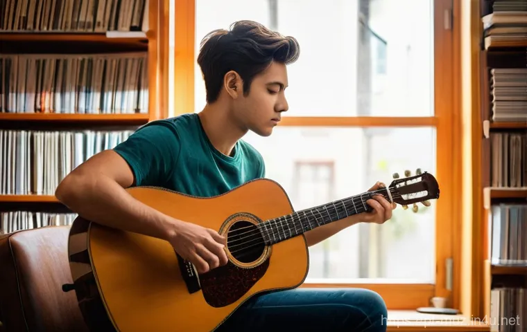 음악이론 자격증 시험과 실무의 차이 - **Prompt:** "A medium shot of a young adult musician, gender-neutral, with a focused expression, sea...