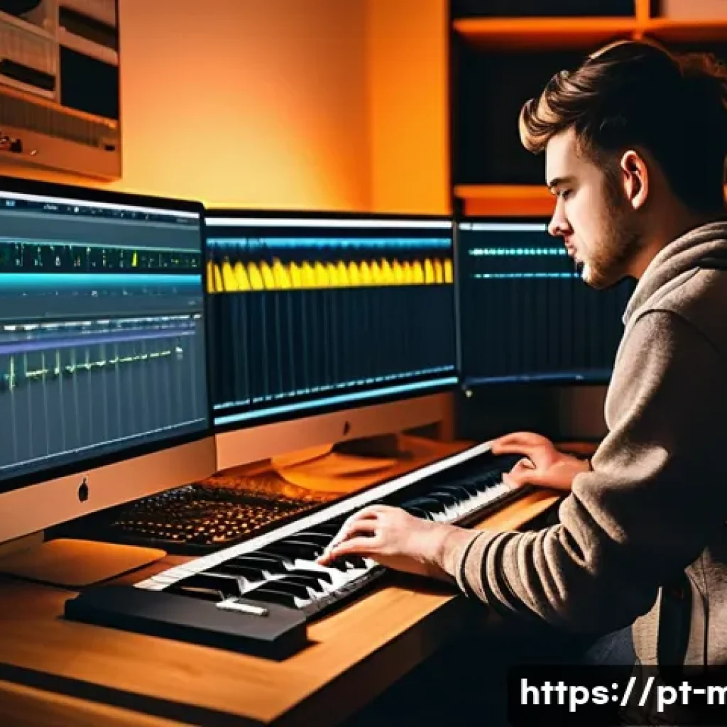 음악이론 직무 분석 및 트렌드 - A modern home music studio scene featuring a young musician experimenting with chord progressions on...