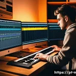 음악이론 직무 분석 및 트렌드 - A modern home music studio scene featuring a young musician experimenting with chord progressions on...