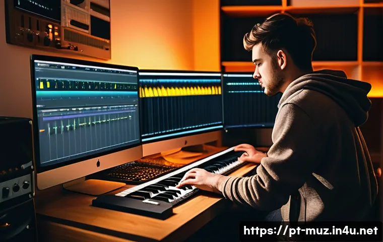 음악이론 직무 분석 및 트렌드 - A modern home music studio scene featuring a young musician experimenting with chord progressions on...