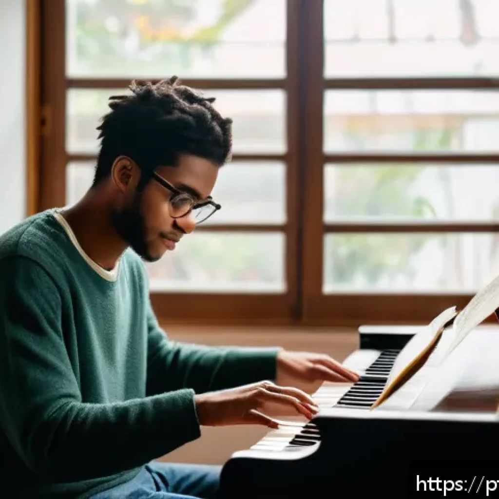 음악이론 강의 교재 추천 - A cozy and inviting music study room with a young adult musician practicing piano and guitar, surrou...