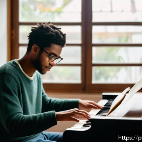 음악이론 강의 교재 추천 - A cozy and inviting music study room with a young adult musician practicing piano and guitar, surrou...