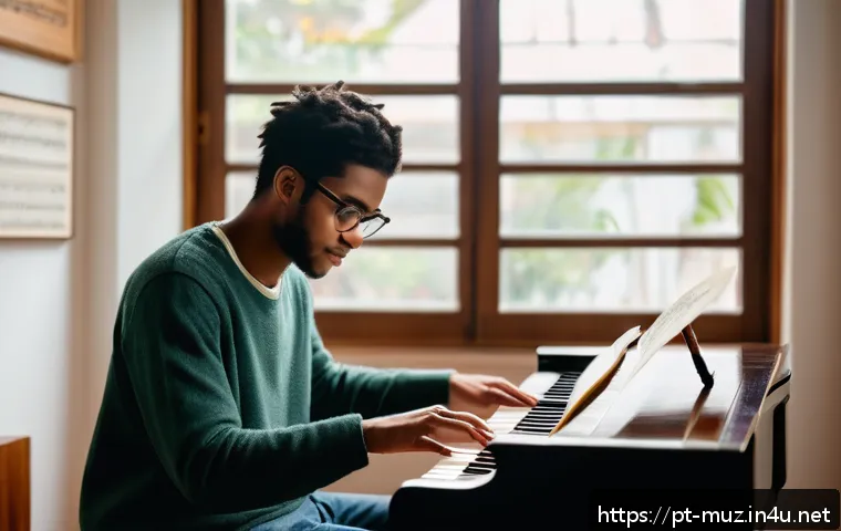 음악이론 강의 교재 추천 - A cozy and inviting music study room with a young adult musician practicing piano and guitar, surrou...
