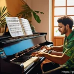 음악이론 실무 활용 성공 사례 - A vibrant music studio scene featuring a Brazilian musician composing a melody on a grand piano surr...