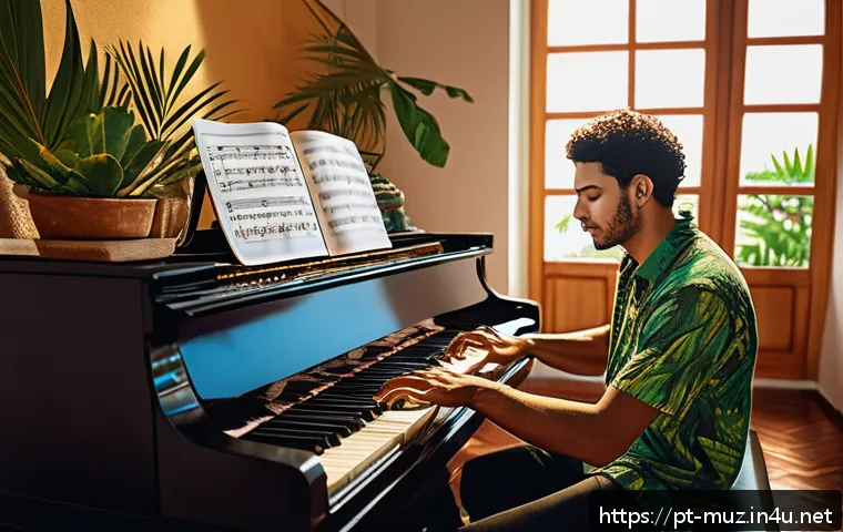 음악이론 실무 활용 성공 사례 - A vibrant music studio scene featuring a Brazilian musician composing a melody on a grand piano surr...