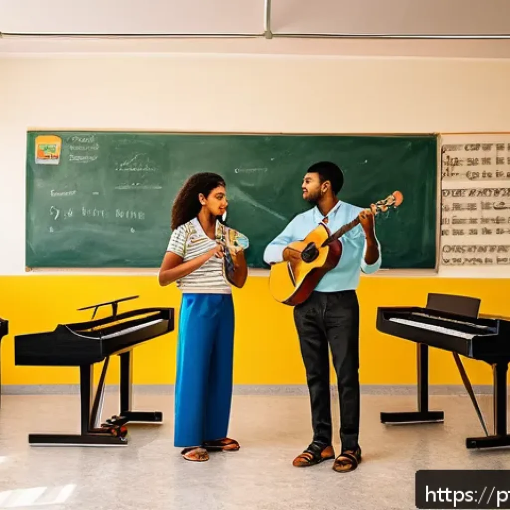 음악이론 필수 용어 정리 - A detailed, vibrant illustration of a music classroom in Brazil, featuring a diverse group of studen...