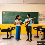 음악이론 필수 용어 정리 - A detailed, vibrant illustration of a music classroom in Brazil, featuring a diverse group of studen...
