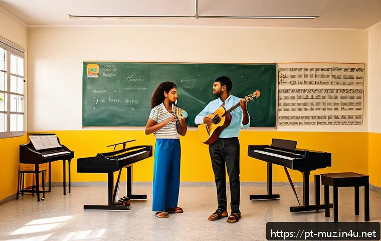 음악이론 필수 용어 정리 - A detailed, vibrant illustration of a music classroom in Brazil, featuring a diverse group of studen...